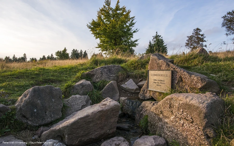 Mehrere Gesteine durch die Wasser fließt mit einem Schild mit der Aufschrift Lennequelle.